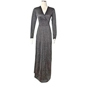 1970s Lurex Knit Maxi Dress: Vintage Black Deep V-Neck Gown